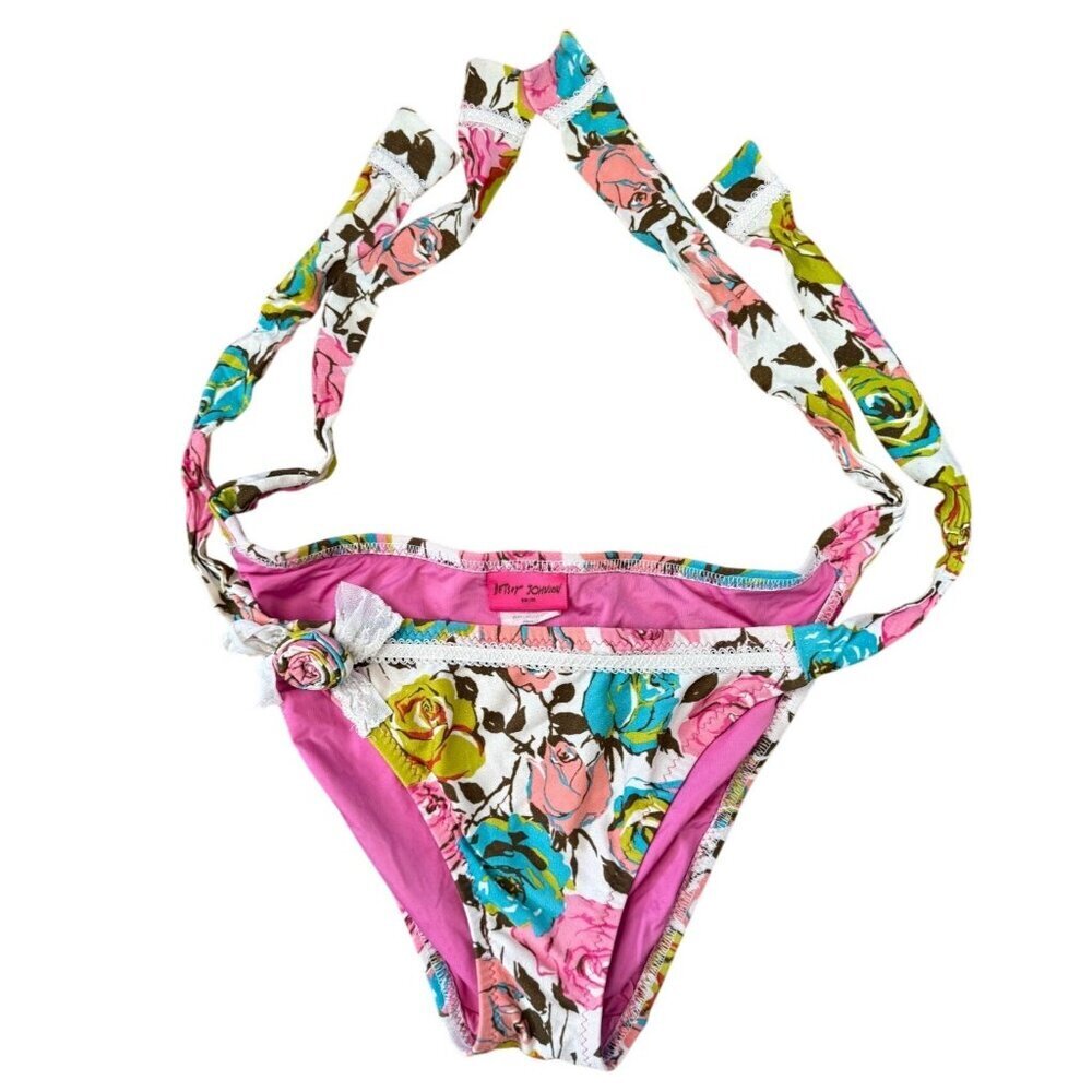 Betsey Johnson Swim Floral Lace Rose Adjustable Bikini Bottoms Vintage Small